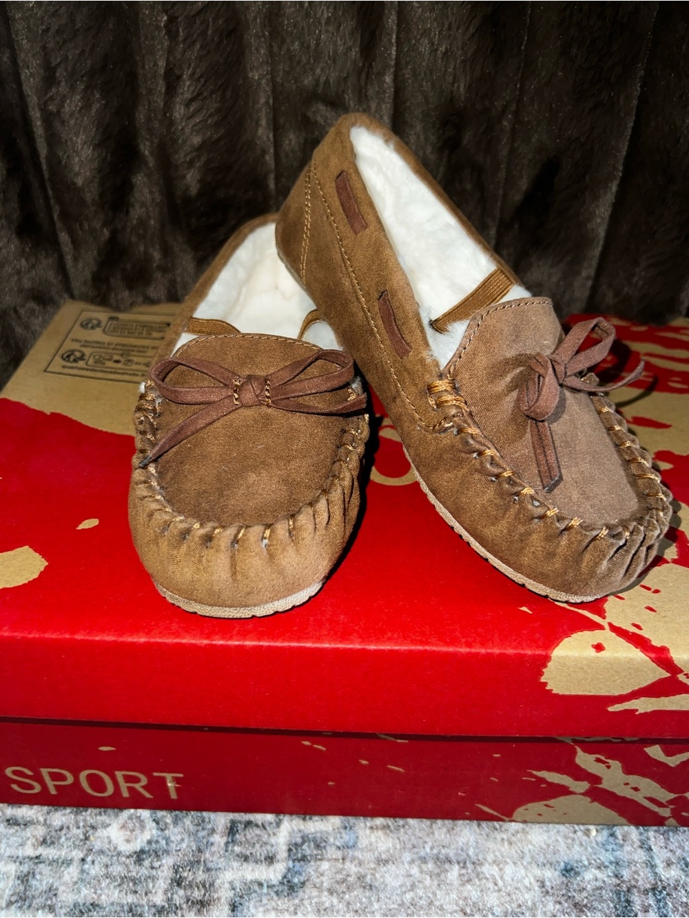 Girls Brown Faux-Suede Moccasin Slippers with Bow